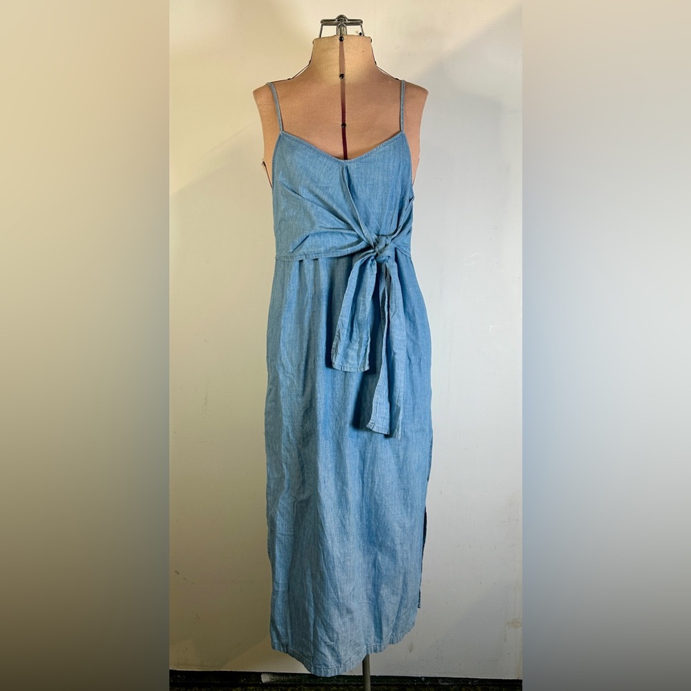 Light Blue Denim Topshop Tie Front Midi Dress with Side Slit US Size 6 - Picture 3 of 9